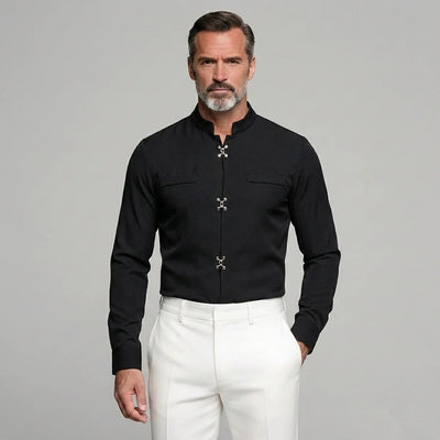 Men's Solid Stand Collar Metal Button Long Sleeve Shirts