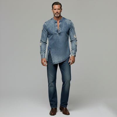Men's Denim Blue Ripped Notch Neck Slit Asymmetrical Hem Long Sleeve Shirt