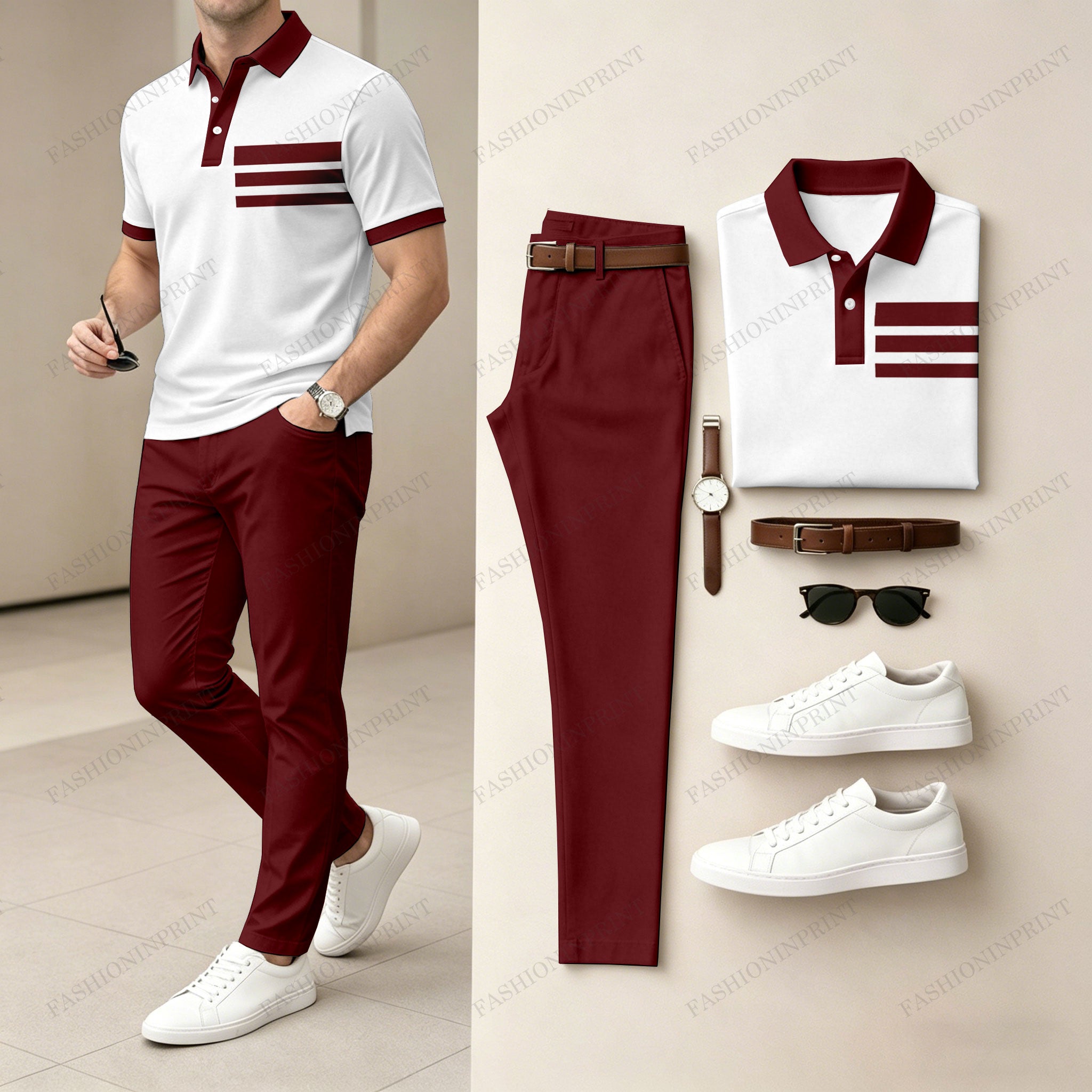 Men's Casual White Geometry Printed Polo Shirt And Pants Two-Piece Set