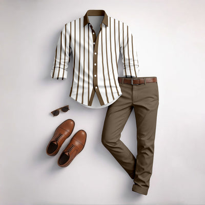 Men's Casual Brown & White Color Matching Striped Printed Long Sleeved Shirt & Trousers Two-Piece Set