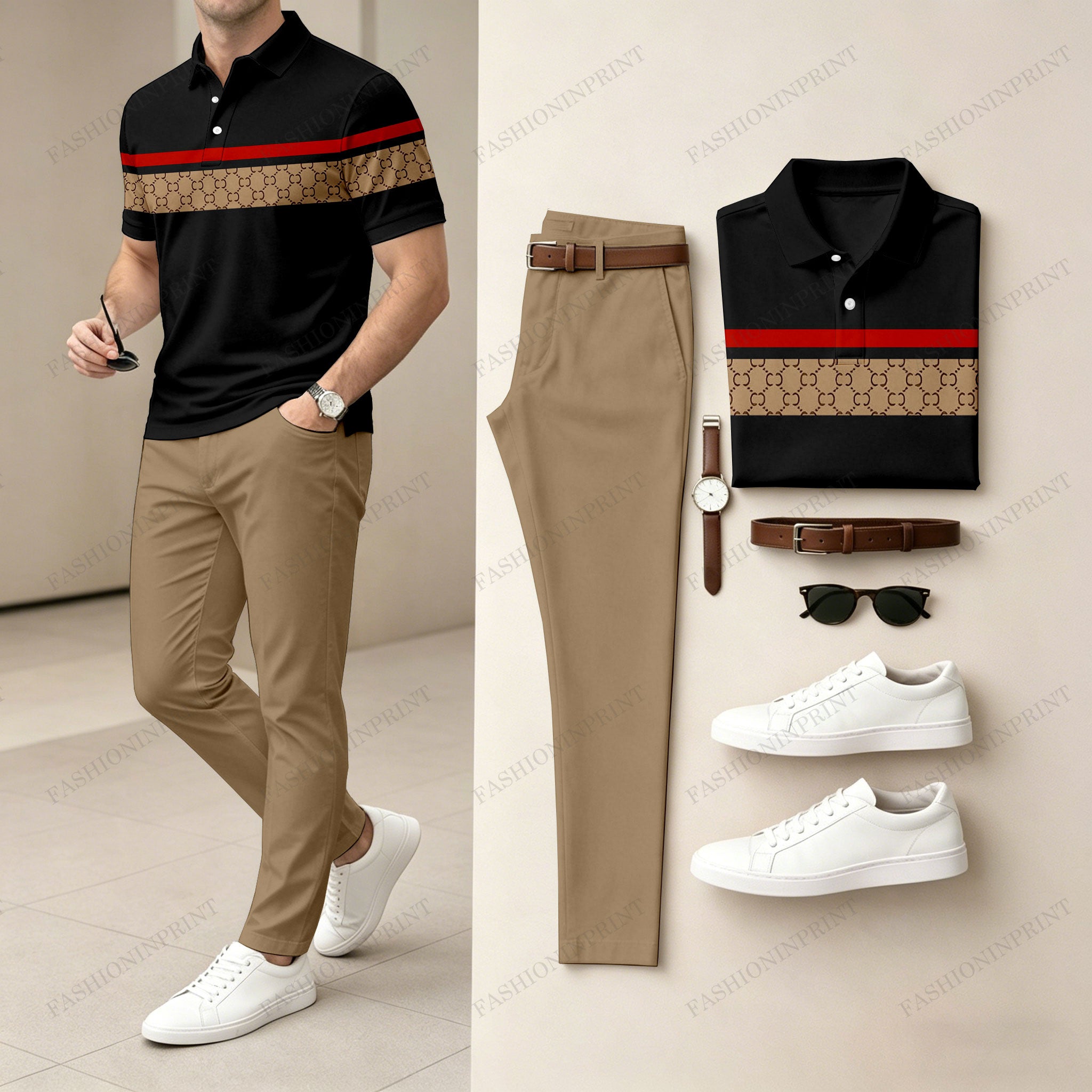 Men's Casual Black Plaid Printed Polo Shirt And Pants Two-Piece Set
