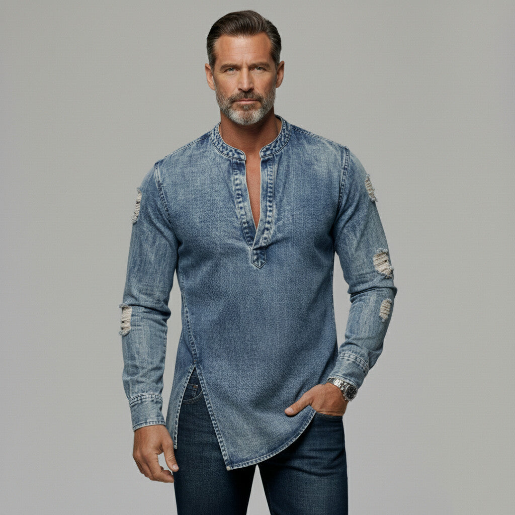 Men's Denim Blue Ripped Notch Neck Slit Asymmetrical Hem Long Sleeve Shirt