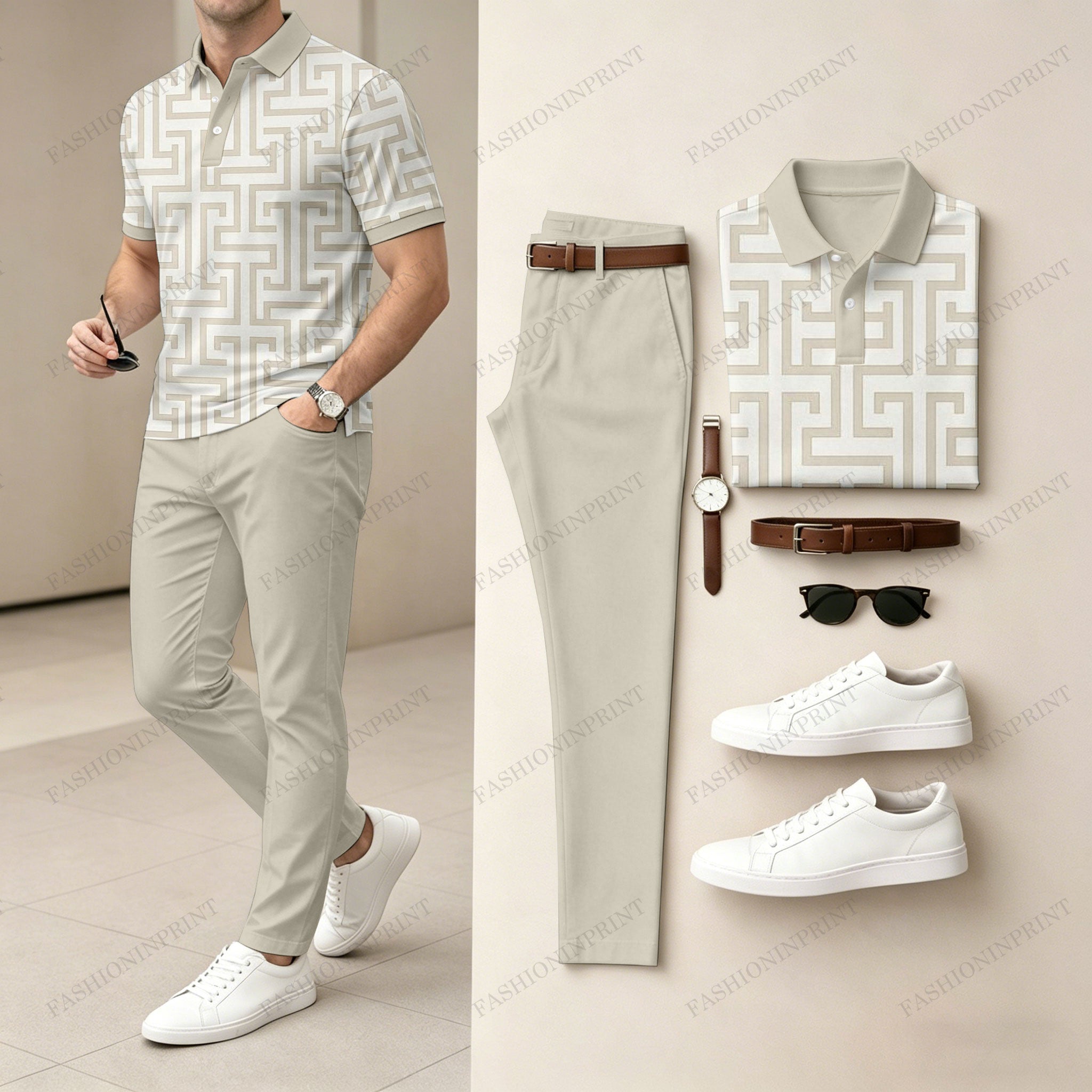 Men's Casual Off White Printed Polo Shirt And Pants Two-Piece Set