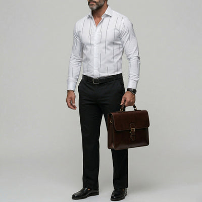 Men's Business Casual Light Blue Line Print Button Up Slim Fit Long Sleeve Shirt