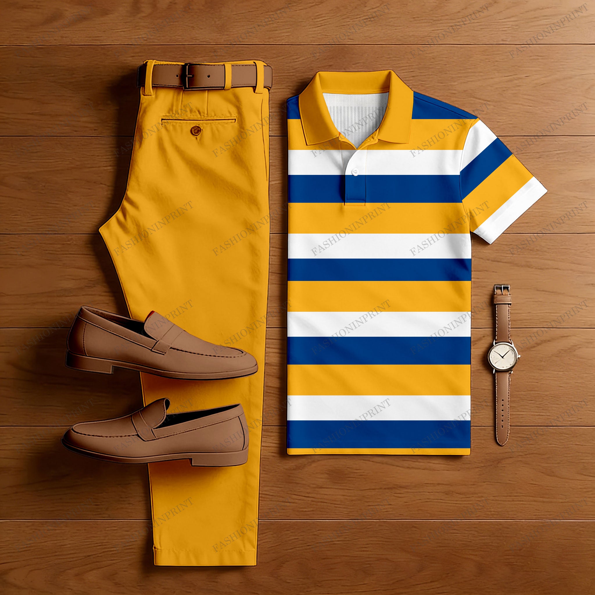 Men's Casual Yellow & Royal Blue & White Color Matching Striped Printed Short Sleeved Polo Shirt & Trousers Two-Piece Set