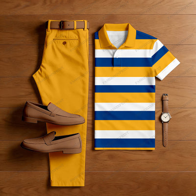 Men's Casual Yellow & Royal Blue & White Color Matching Striped Printed Short Sleeved Polo Shirt & Trousers Two-Piece Set