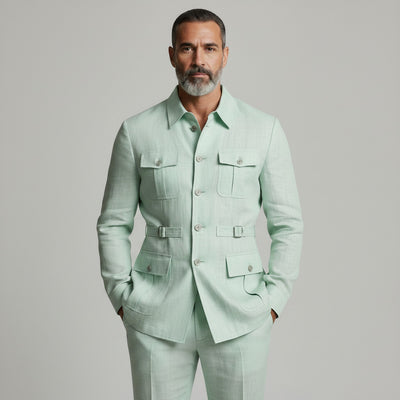 Men's Mint Green Multi-Pocket Turndown Collar Single Breasted Safari Jacket