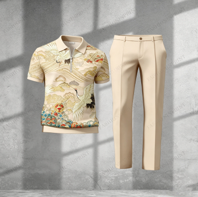 Men's Casual Royal Green Crane Short-Sleeved Half-Zip Polo Shirt And Royal Green Trousers Two-Piece Set  203720