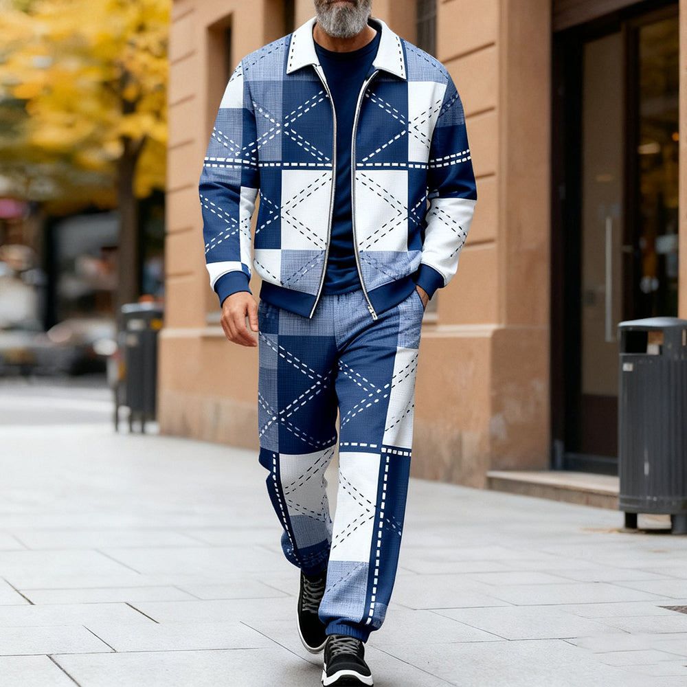 Men's Casual Color Denim Patchwork Checked Printed Lapel-Collar Long Sleeved Trousers Two-Piece Set