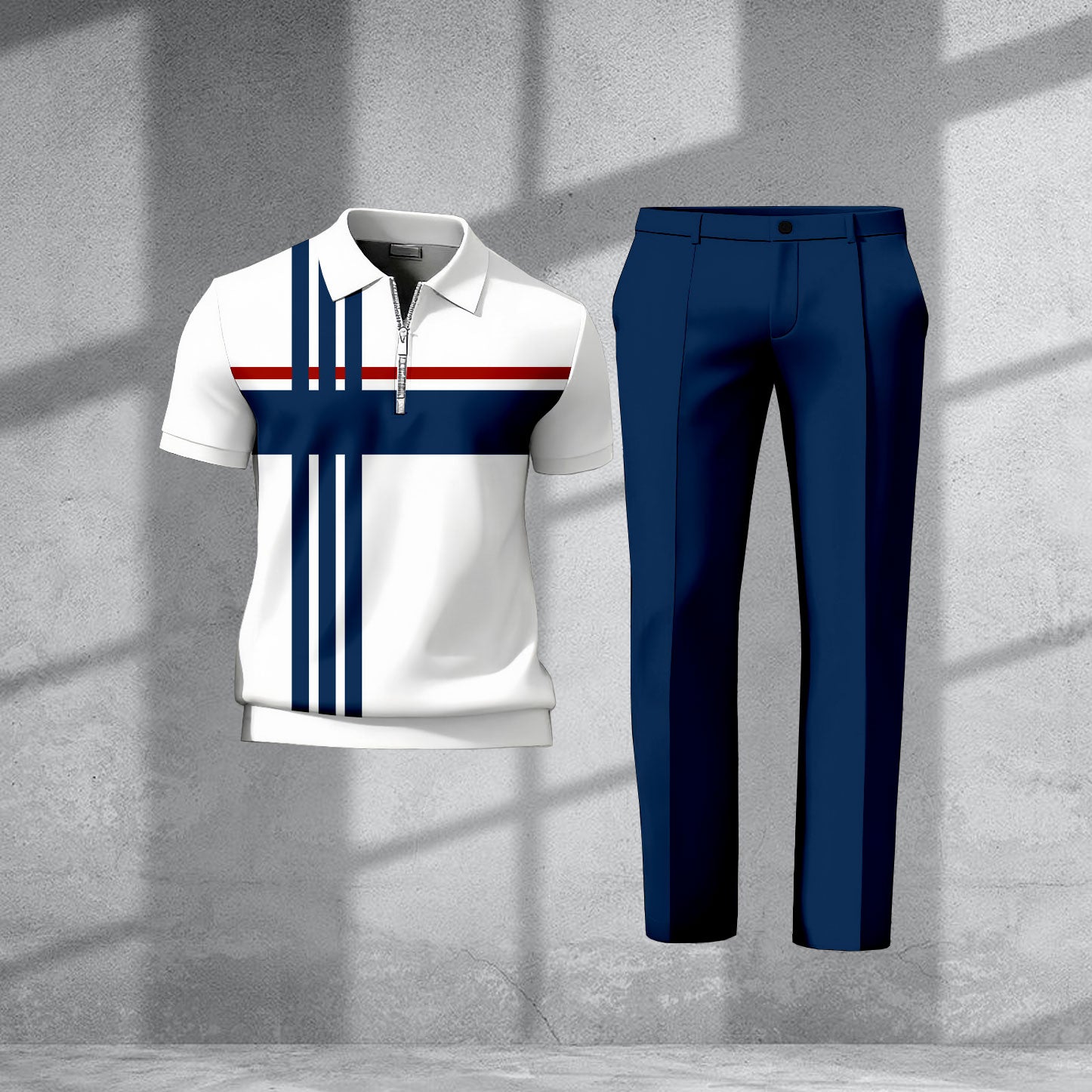 Men's Casual Two-Piece Set With Color Block Print Polo Collar Zipper Short-Sleeve T-Shirt And Pants