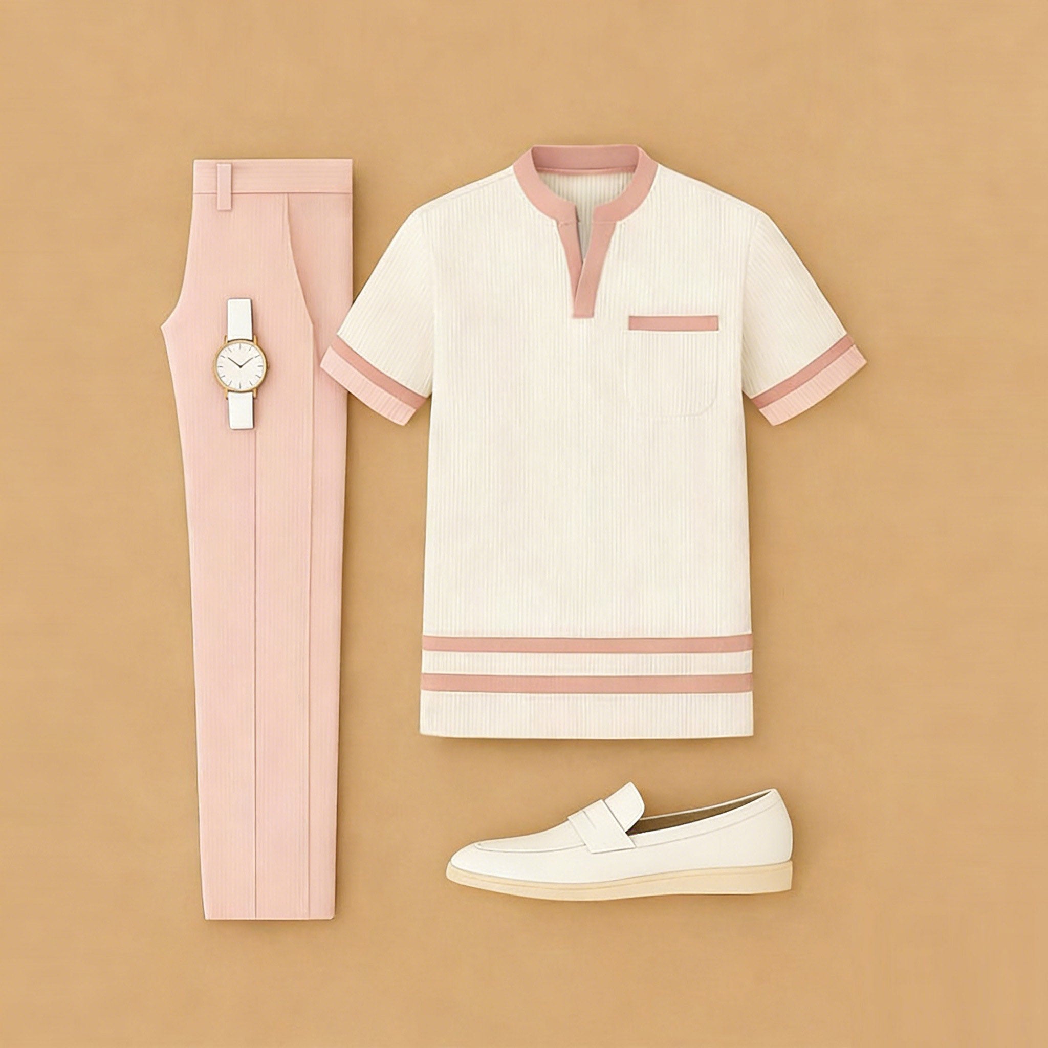 Men's Casual Pink & Beige Color Matching Printed Short Sleeved Henry Collar T-Shirt & Trousers Two-Piece Set