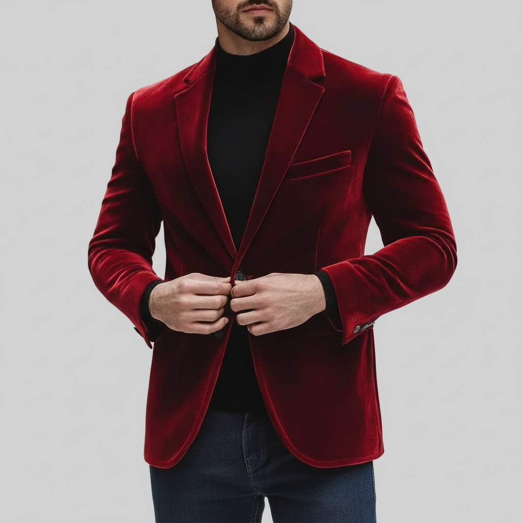 Men's Evening Blue Notch Lapel One Button Long Sleeve Velvet Blazer
