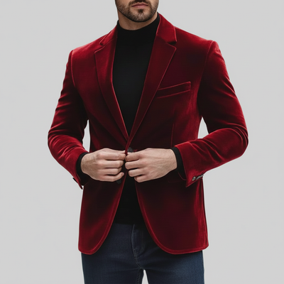 Men's Evening Blue Notch Lapel One Button Long Sleeve Velvet Blazer