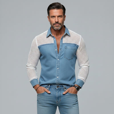 Men's Stylish Plain Denim Patchwork Mesh Hollow Out Chest Pocket Shirt