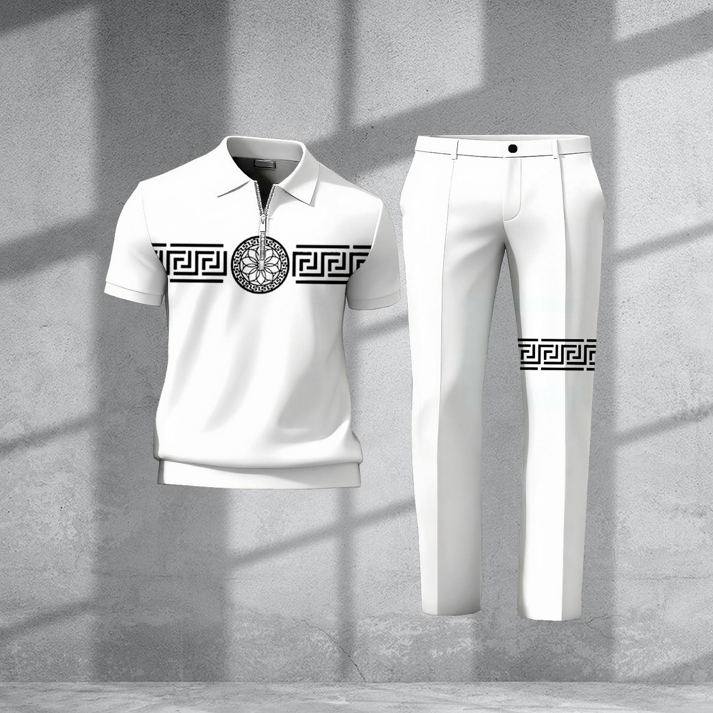 Men's Casual White Color Matching Viking Printed Zipper Short Sleeved Polo Shirt & Trousers Two-Piece Set