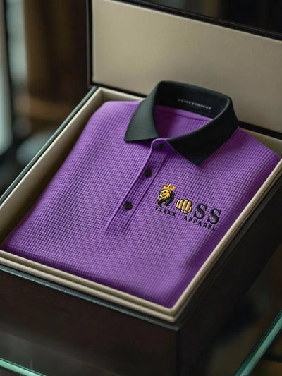Men's Fashion Business Style Letter Printed Waffle Casual Short Sleeve POLO Shirt