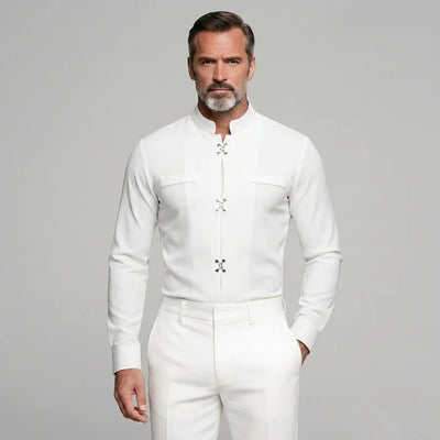 Men's Solid Stand Collar Metal Button Long Sleeve Shirts