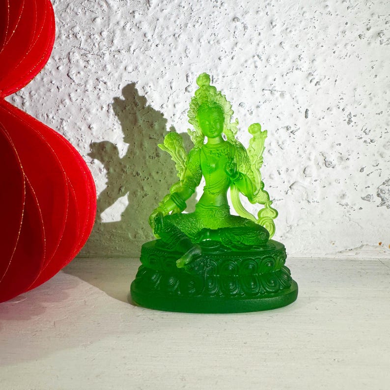 Handmade Glass Green Tara Statue, Handmade Ornaments, Buddhist Altar Decor, Spiritual Gift for Friends, Mindful Meditation Gift