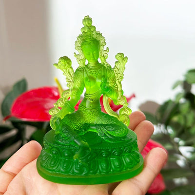 Handmade Glass Green Tara Statue, Handmade Ornaments, Buddhist Altar Decor, Spiritual Gift for Friends, Mindful Meditation Gift