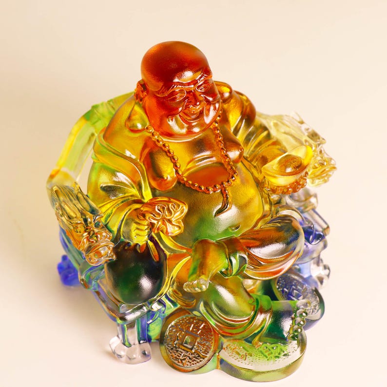 Handcrafted Glass Happy Buddha Statue: Colorful Dragon Chair Ornament, Personalized Gift, Gift for Mom
