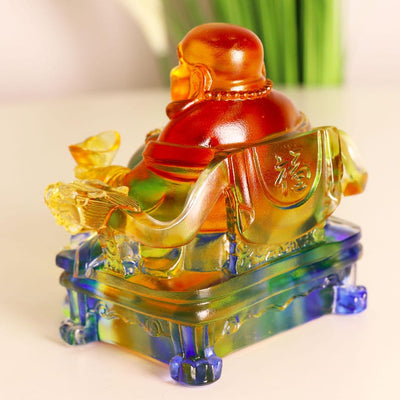 Handcrafted Glass Happy Buddha Statue: Colorful Dragon Chair Ornament, Personalized Gift, Gift for Mom