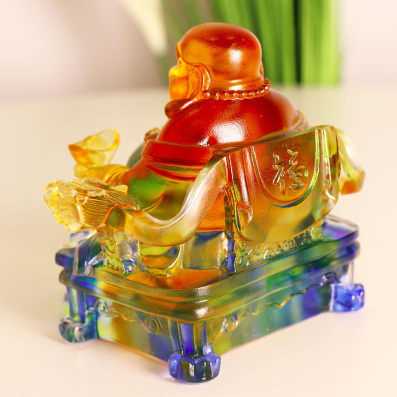 Handcrafted Glass Happy Buddha Statue: Colorful Dragon Chair Ornament, Personalized Gift, Gift for Mom