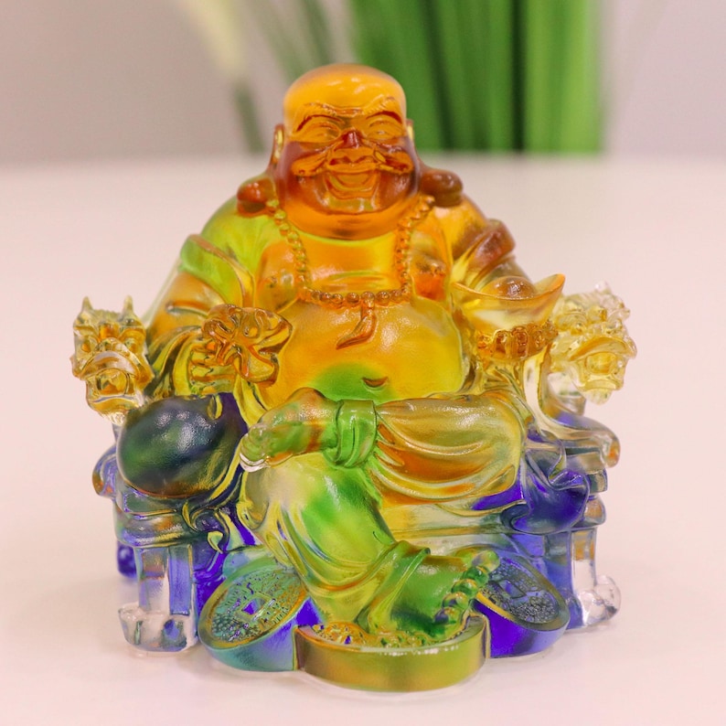 Handcrafted Glass Happy Buddha Statue: Colorful Dragon Chair Ornament, Personalized Gift, Gift for Mom