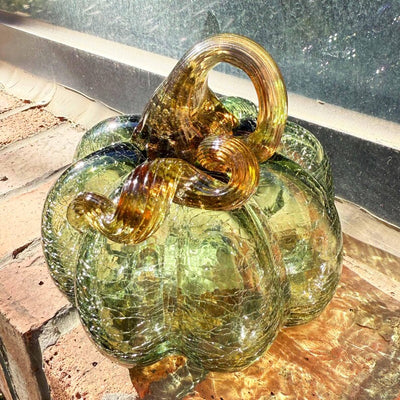 Handmade Glass Pumpkin, Green with Brown Stem, Desk Decoration, Gift for Thanksgiving, Mother's Day Gift, Gift Idea, Glass Ornaments