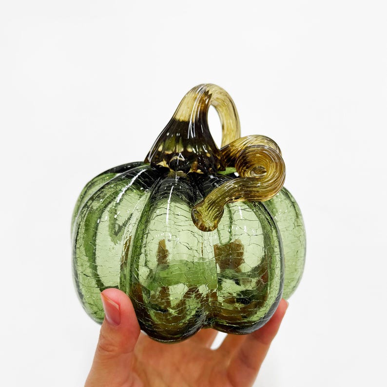 Handmade Glass Pumpkin, Green with Brown Stem, Desk Decoration, Gift for Thanksgiving, Mother's Day Gift, Gift Idea, Glass Ornaments