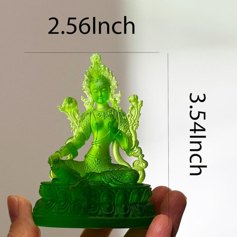 Statue artisanale de Tara Verte en verre, Ornements faits à la main, Décor d'autel bouddhiste, Cadeau spirituel pour amis, Cadeau de méditation consciente