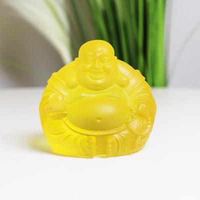 Yellow Glass Laughing Buddha Statue: Handmade Zen Decor