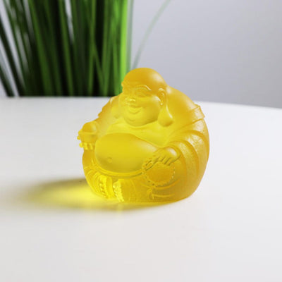 Yellow Glass Laughing Buddha Statue: Handmade Zen Decor