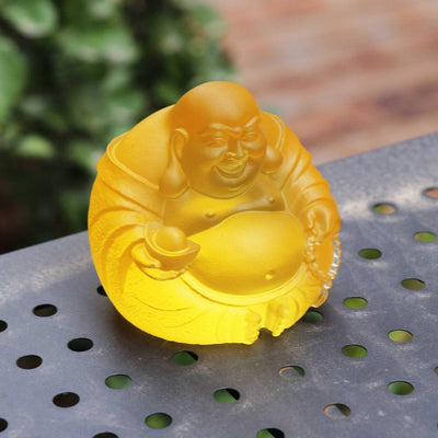 Yellow Glass Laughing Buddha Statue: Handmade Zen Decor