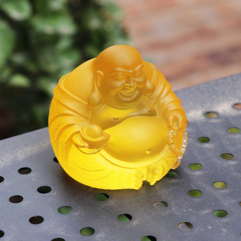 Yellow Glass Laughing Buddha Statue: Handmade Zen Decor