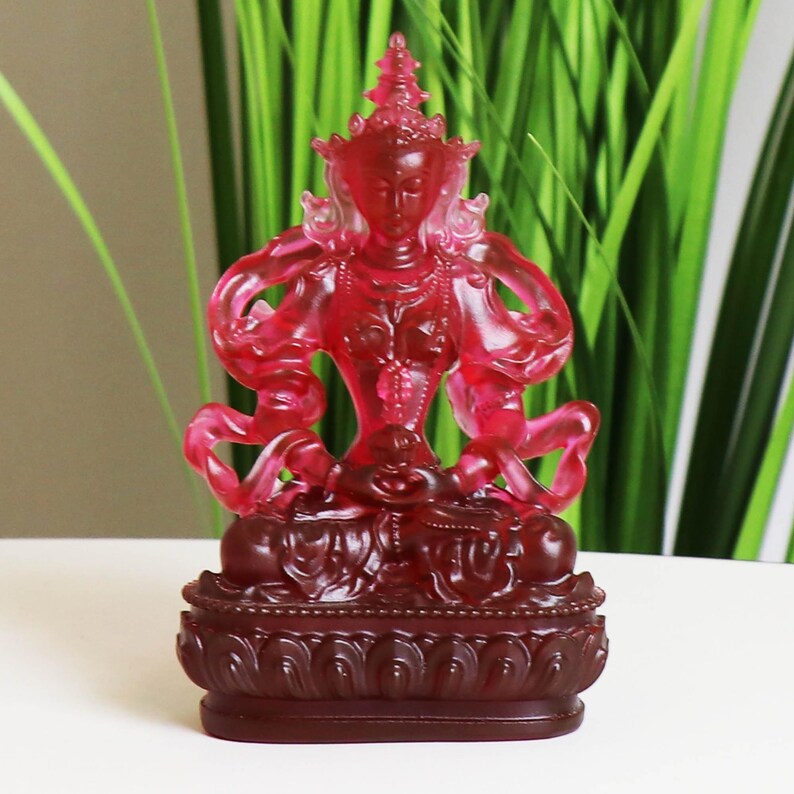 Statue de Bouddha Amitayus en verre émaillé rouge : Décoration bouddhiste tibétaine