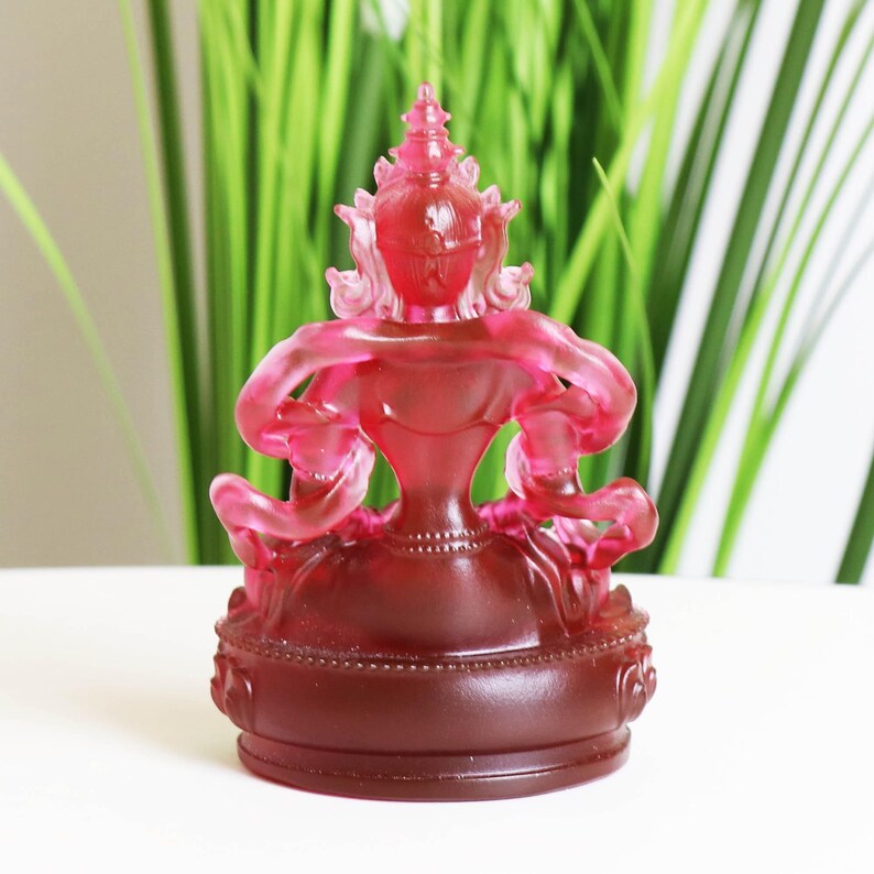 Red Glazed Glass Amitayus Buddha Statue: Tibetan Buddhist Decor
