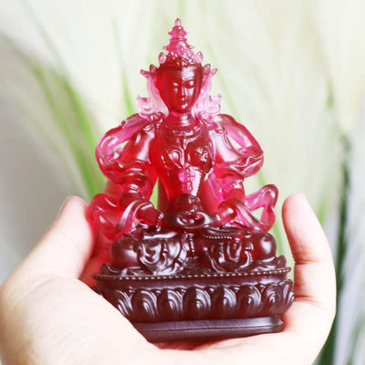 Red Glazed Glass Amitayus Buddha Statue: Tibetan Buddhist Decor