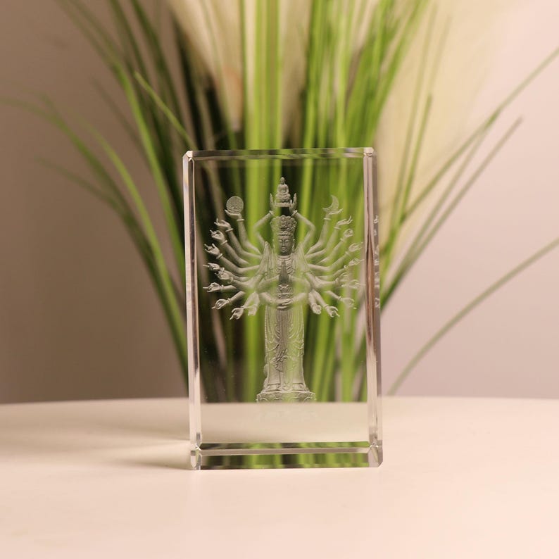 Glass Guanyin Statue: 3D Laser Carved Buddhist Ornament
