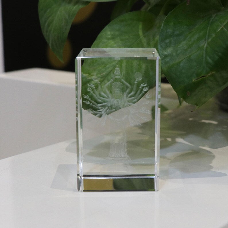 Glass Guanyin Statue: 3D Laser Carved Buddhist Ornament