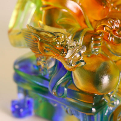 Handcrafted Glass Happy Buddha Statue: Colorful Dragon Chair Ornament, Personalized Gift, Gift for Mom
