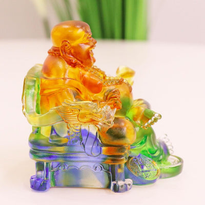 Handcrafted Glass Happy Buddha Statue: Colorful Dragon Chair Ornament, Personalized Gift, Gift for Mom