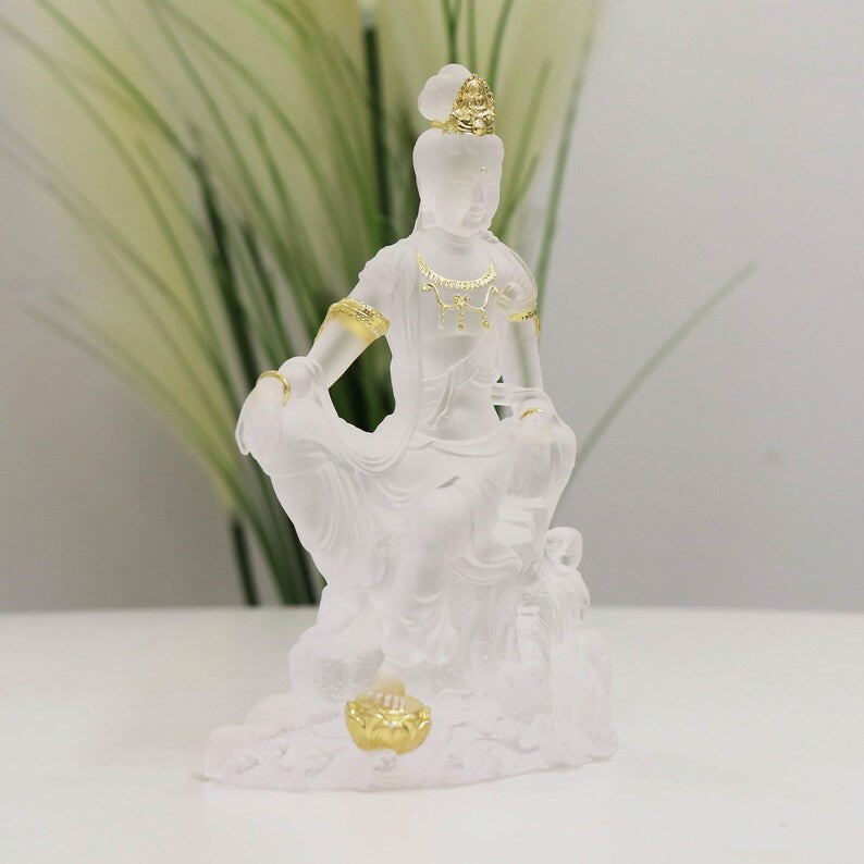 Glass Guanyin Buddha Statue: Gold-Plated Buddhist Ornament