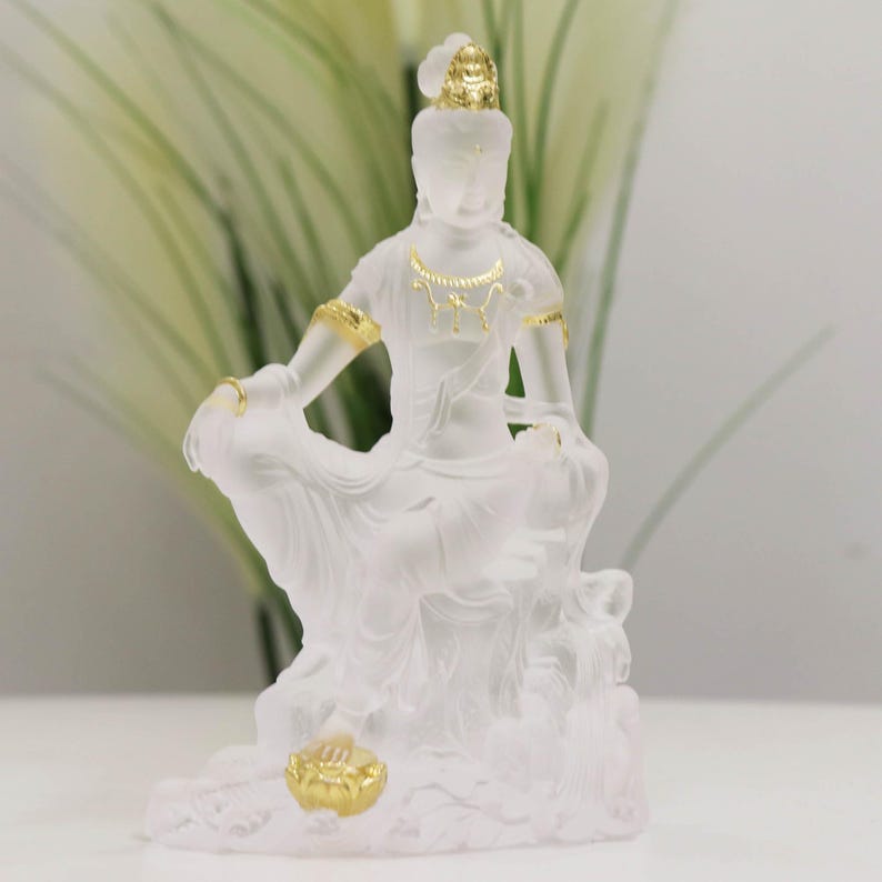 Glass Guanyin Buddha Statue: Gold-Plated Buddhist Ornament