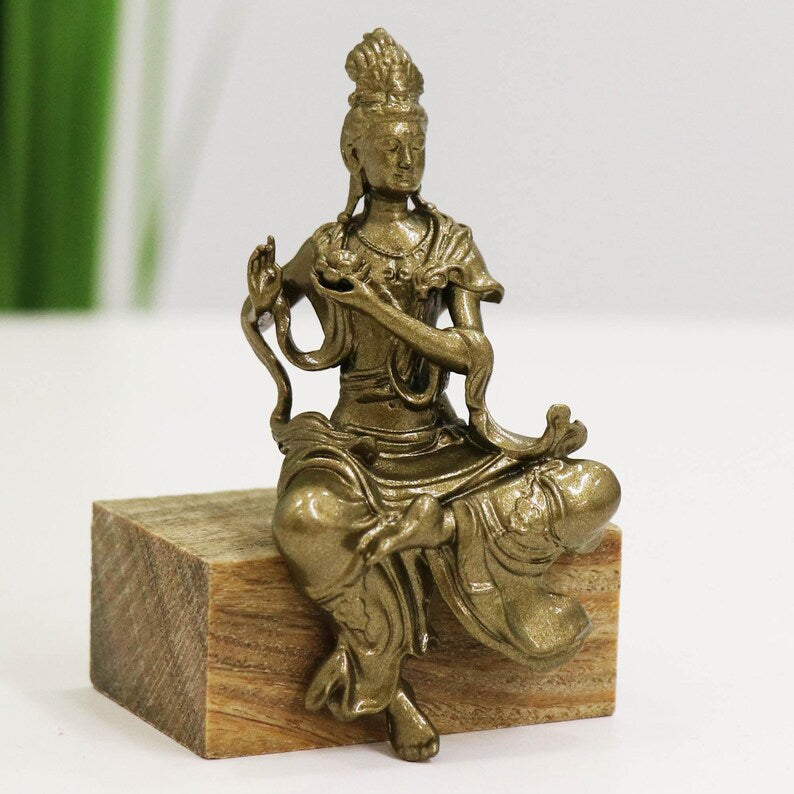 Statue de Bouddha Guanyin en bronze : Fleur de lotus, Ornement d'autel portable