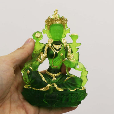 Glass Green Tara Buddha Statue, Bodhisattva Handmade Zen Ancestral Temple Home Desktop Ornaments