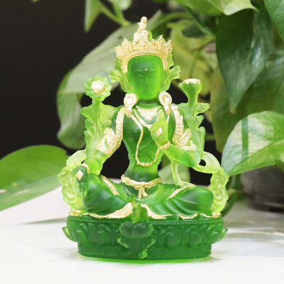 Glass Green Tara Buddha Statue, Bodhisattva Handmade Zen Ancestral Temple Home Desktop Ornaments