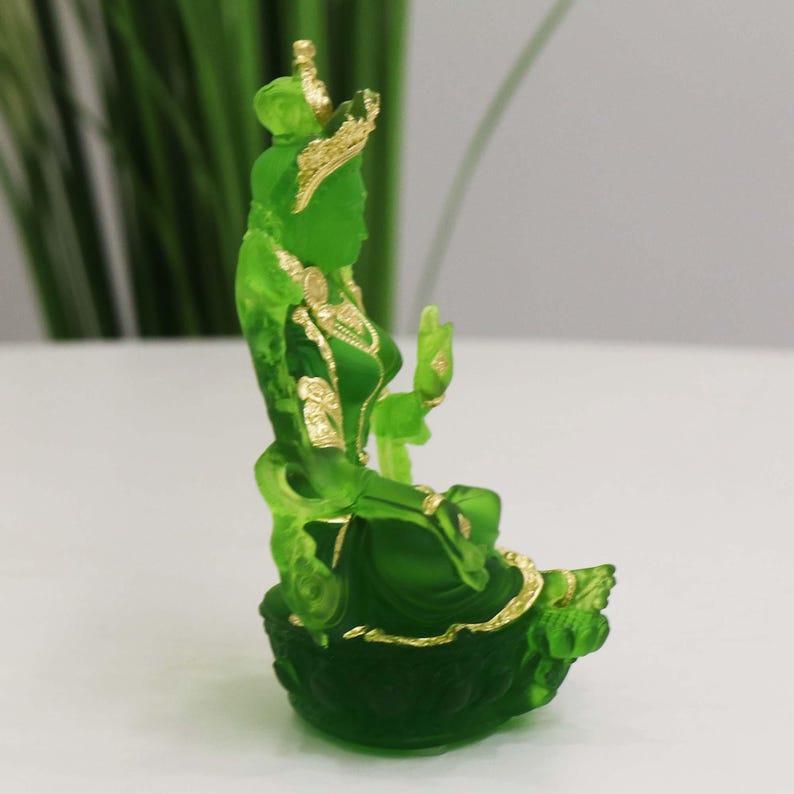 Glass Green Tara Buddha Statue, Bodhisattva Handmade Zen Ancestral Temple Home Desktop Ornaments