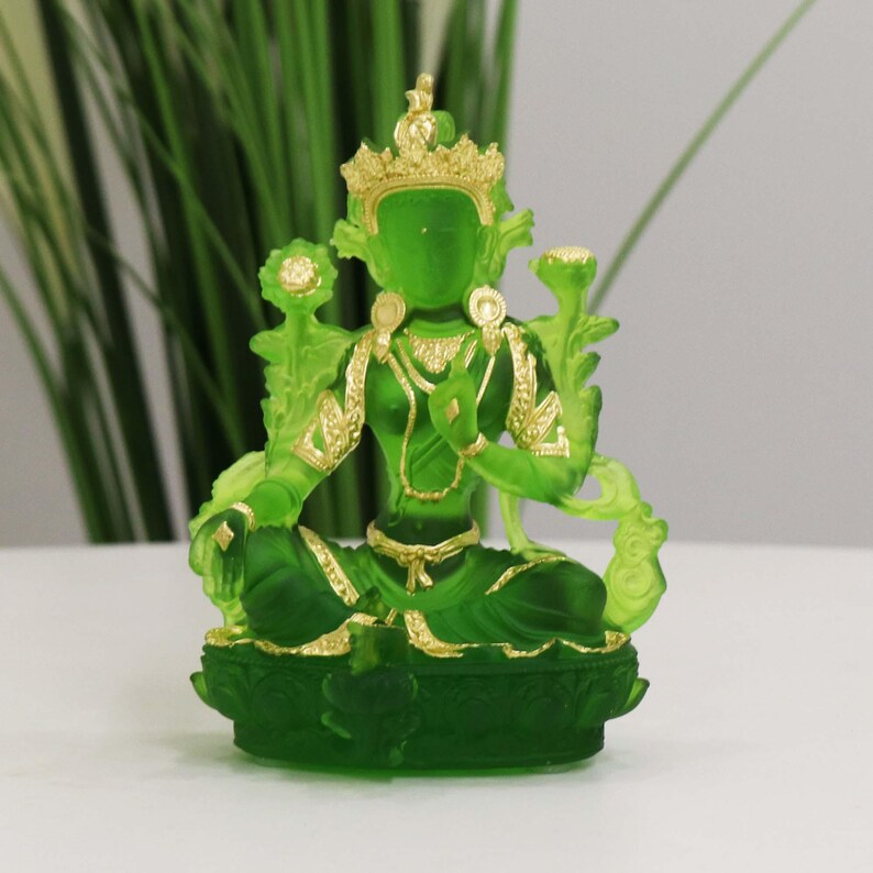 Glass Green Tara Buddha Statue, Bodhisattva Handmade Zen Ancestral Temple Home Desktop Ornaments
