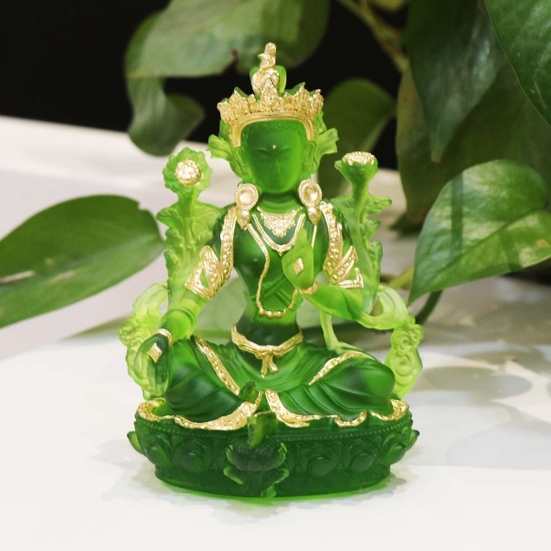 Glass Green Tara Buddha Statue, Bodhisattva Handmade Zen Ancestral Temple Home Desktop Ornaments