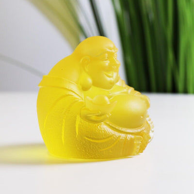 Yellow Glass Laughing Buddha Statue: Handmade Zen Decor